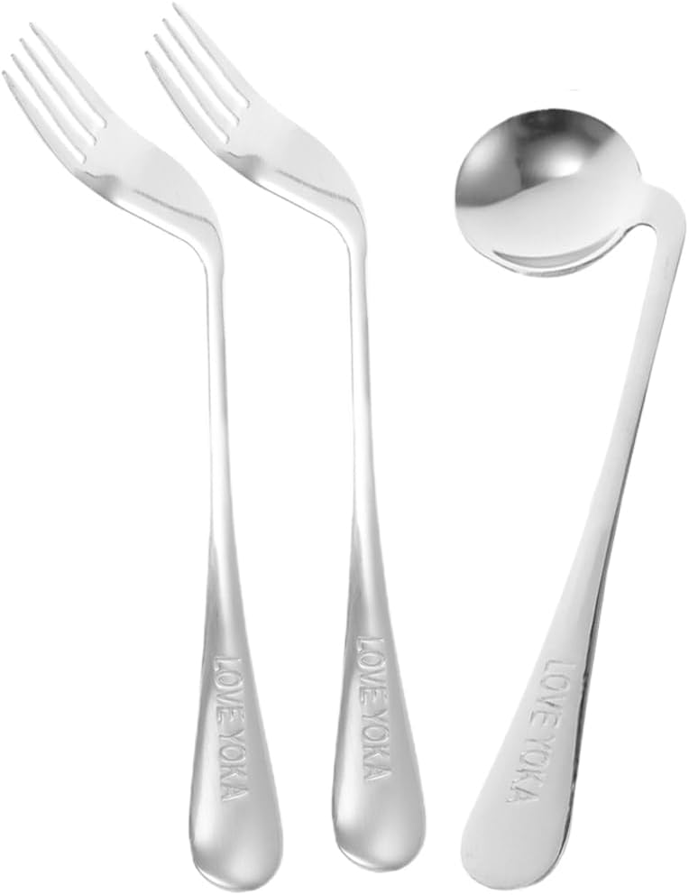 1 Set of Adaptive Utensils Angled Fork and Spoon Stainless Steel Elderly Right Handed Anti Shake Eating Utensils Self-feeding Learning Bendable Handle Silverware