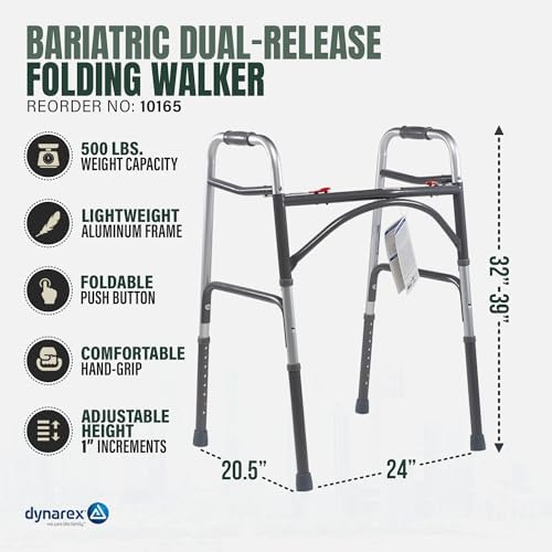 Dynarex Heavy Duty Bariatric Walker is a Foldable, Stand-Up Walker with Tool-Free Adjustable Height up to 39” & 500 Pound Weight Capacity, Silver, 1 Dynarex Heavy Duty Bariatric Walker