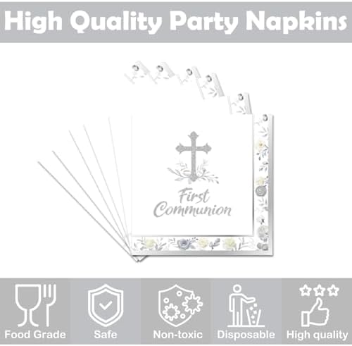 50Pcs First Communion Napkins - Silver Cross First Holy Communion Napkins, Religious Disposable Paper Towels for Christening Table Decor