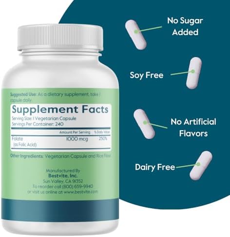 BESTVITE Folic Acid 1000mcg (Vitamin B9) (240 Vegetarian Capsules) - No Dicalcium Phosphate - No Stearates -No Silicon Dioxide - Non GMO - Gluten Free