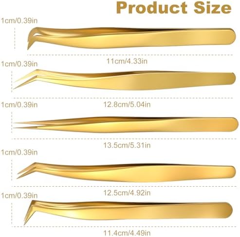 5 Pcs Lash Tweezers Set High Precision Stainless Steel Eyelash Tweezers Gold Curved Volume Professional Applicator Individual Lash Extensions Tool with Storage Box for Classic