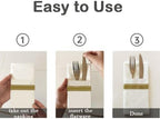 Mudhen 50 Packs Disposable Linen-Feel Dinner Napkins with Built-in Flatware Pocket, Printed Prefolded Cloth Like Paper Napkins for Wedding, Dinner or Party (Gold Strip)