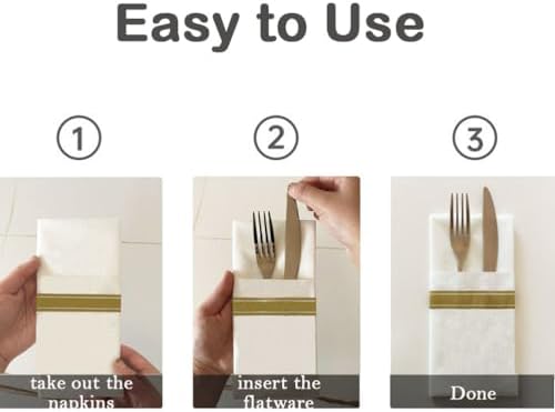 Mudhen 50 Packs Disposable Linen-Feel Dinner Napkins with Built-in Flatware Pocket, Printed Prefolded Cloth Like Paper Napkins for Wedding, Dinner or Party (Gold Strip)