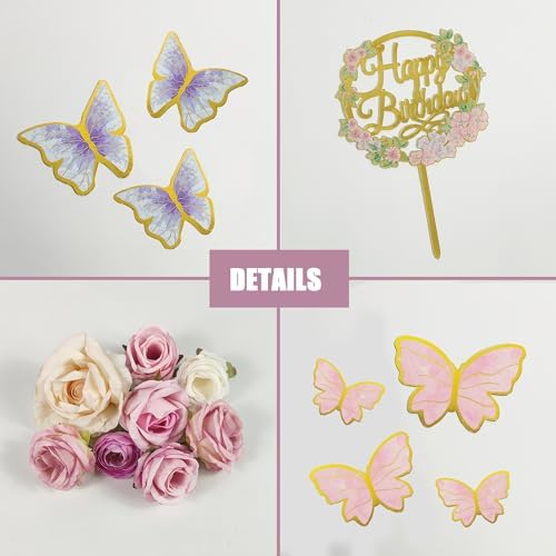 28PCS Butterfly Cake Topper Butterfly Cake Decorations with Artificial Flowers for Women Birthday Anniversary Theme Supplies (Pink Purple)