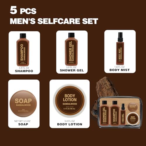 Gifts for Men 6pcs Sandalwood Gift Set Travel Size Toiletry with Shampoo, Shower Gel, Soap, Body Lotion, Mens Gifts Birthday Anniversary Gift Sets for Men, Christmas Self Care Fathers Day Gift