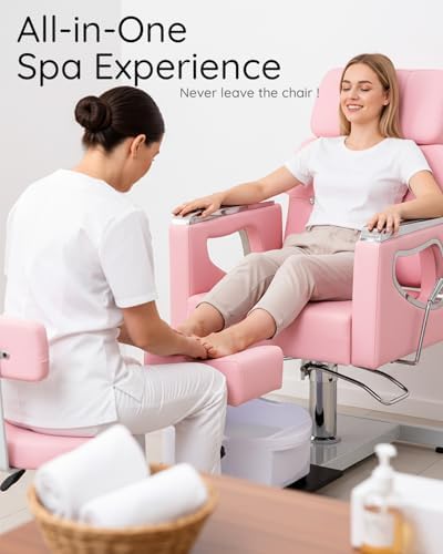 Pedicure Chair w/Foot Spa Basin, Adjustable Salon Chair w/ 360° Swivel & Reclining Backrest, Nail Tech Station with Stool & Footrest, Heavy Duty Spa Chair for Home Salon (Pink)