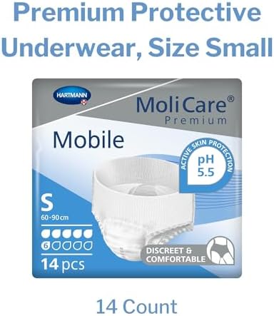MoliCare Premium Mobile 6D Incontinence Underwear for Adults - Disposable, Discreet, Unisex, Moderate Absorbency - Size Small, Fits 24 in to 35 in Waist/Hips, 14 Count