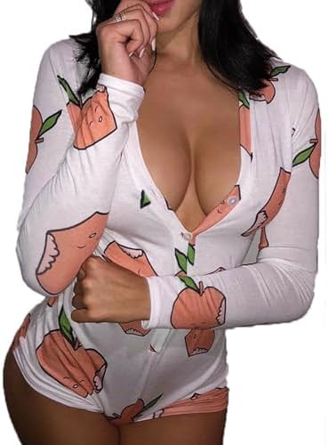 Women Butt Button Back Flap Pajamas Long Sleeve V Neck Shorts Jumpsuit One Piece Bodysuits Bodycon Romper Overall
