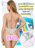 EHSUYAB Sexy Metallic Bodysuit Tops, Snap Crotch, Pool Party Rave Outfits