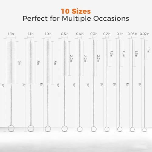 10-Packs Premium Straw Cleaner Brush in Mixed Sizes, 8IN Long Reusable Stainless Steel Cleaning Brushes Set with Soft Sturdy Nylon Bristles for Metal Straws, Sippy Cups, Tumblers & Bottles