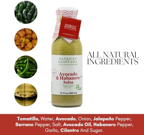 Patricia Quintana Avocado & Habanero Salsa - Authentic Artisanal Mexican Ingredients, Made with Keto Friendly Virgin Avocado Oil. Perfect topping to your tacos, burritos, enchiladas or other favorite food (12 oz, 2 Bottles)