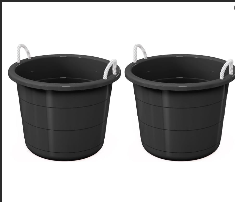 17-Gallon Plastic Storage Tub with Rope Handles, Multi-Purpose Utility Bucket, Black, Set of 2