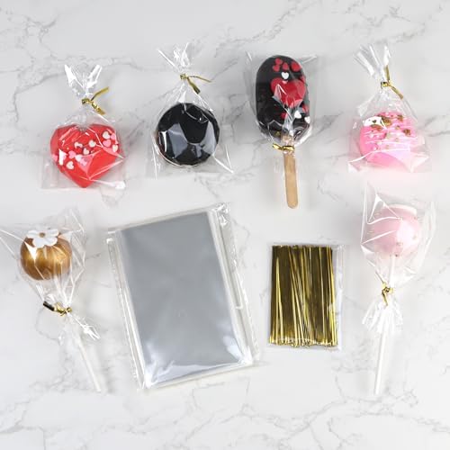 ROSPAKTEK 100 Pcs Cellophane Treat Bags 3x5 Inch with 100 Twist Ties - OPP Plastic Cake Pop Bags for Lollipop, Candy, Chocolate, Cookie Wrapping & Buffet