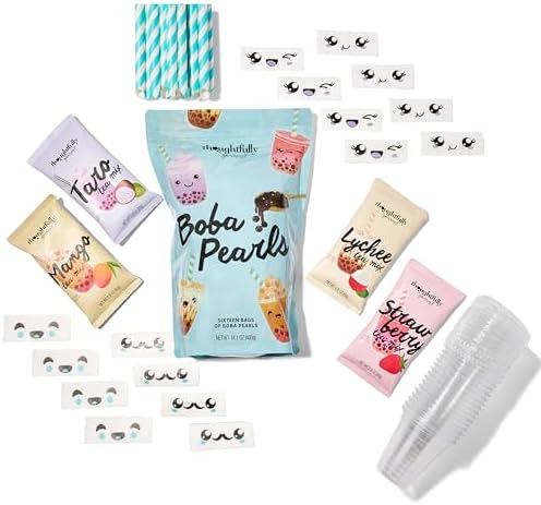 Thoughtfully, Mini Boba Pearl Party Set, Makes 16 Tasting Portions of Bubble Tea, Includes 4 Flavors, Cups, Lids, Straws, & Stickers, Boba Milk Tea Party Kit