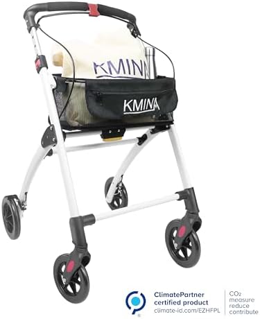 KMINA Narrow Walker for Small Spaces, Foldable Walker with Tray and Basket, 4 Wheels and Brakes, Lightweight Indoor Rollator for Seniors, Black, PRO Model