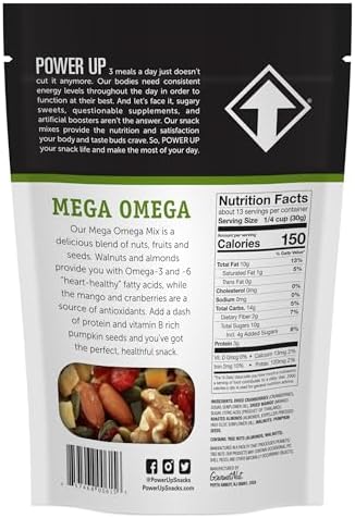 Power Up Trail Mix, Mega Omega Trail Mix, Non-GMO, Vegan, Gluten Free, No Artificial Ingredients, Gourmet Nut, 14 Ounce Bag
