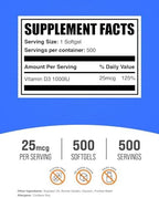 BulkSupplements.com Vitamin D3 1000IU Softgels - Cholecalciferol, D3 Supplement, Vitamin D 1000 IU - 1 Vitamin D3 Softgel (25mcg of Vitamin D) per Serving, 500 Count (Pack of 1)