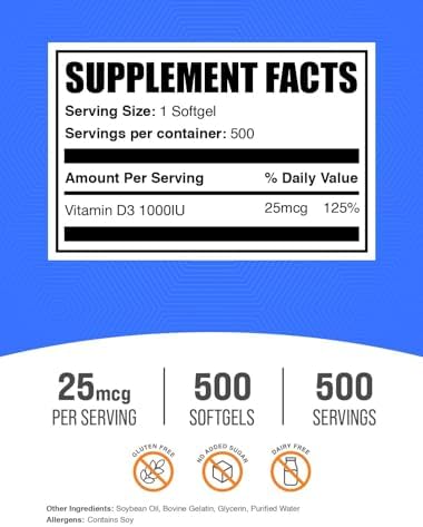 BulkSupplements.com Vitamin D3 1000IU Softgels - Cholecalciferol, D3 Supplement, Vitamin D 1000 IU - 1 Vitamin D3 Softgel (25mcg of Vitamin D) per Serving, 500 Count (Pack of 1)