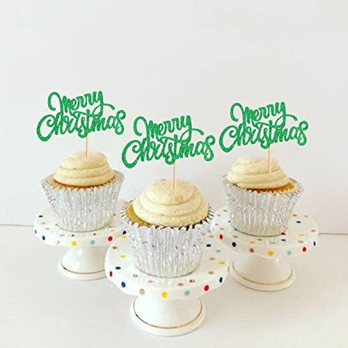 24 Pack Merry Christmas Cupcake Toppers Christmas Cupcake Picks Xmas Holiday Cupcake Toppers for Christmas Gift Party Cake Decorations Supplies Green