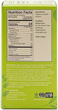 Worldwide Botanicals Organic French Chicory Root Tea, 25 Tea Bags - 3x herbs with 6g per teabag - Prebiotic, Roasted - Acid Free, Caffeine Free, Kosher