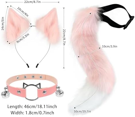 Furry Animal Cat Fox Tail Faux Fur Wolf Ear Headband Leather Neck Chocker Costume Set for Party Halloween Cosplay