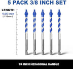 5 Pack 3/8" x 4" Masonry Tile Drill Bits Hex Shank Step Masonry Drill Bits for Tile,Concrete,Porcelain, Brick, Glass, Cement, 4" Length