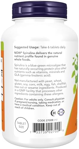 NOW Foods Supplements, Organic Spirulina 500 mg with Vitamins, Minerals and GLA (Gamma-Linolenic Acid), 500 Tablets