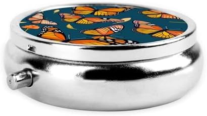 Heaps of Orange Monarch Butterflies Pattern Printed Pill Organizer,Round Travel Pill Organizer Mini Medicine Pill Box for Purse Iron Plating