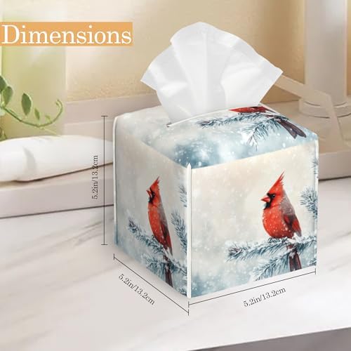 Leather Tissue Box Holder Winter Cardinal Bird Tissue Box Cover Square Waterproof Holder Organizer Modern Napkin Holder for Bedroom Dresser Night Stand Office Desk