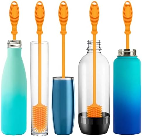 Kitchiny 12.5" Silicone Bottle Brush & Straw Cleaner Brush Set | Water Bottle Cleaner for Hydro Flasks, Tumblers, Glassware, Vases and Narrow Neck Containers
