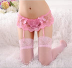 Women Lace Garter Belt and Stockings Set Sexy Suspenders with G-String Panty Satin Bow Mini Skirt Hosiery Mesh Lingerie