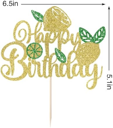 1 PCS Lemon Happy Birthday Cake Topper，Fruit Theme Baby Shower Kids Boys Girls Birthday Party Decorations，Glitter Fruit Theme Lemonade Party Cake Pick Decorations