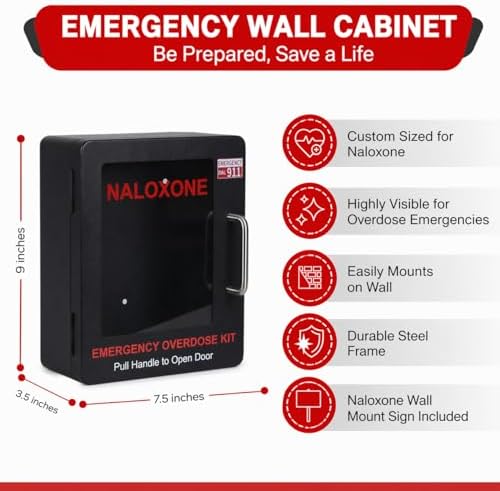 Naloxone Overdose Emergency Kit Cabinet - Does Not Include Alarm or Lock | Designed for Wall Mount & Public Access (Metal, Black - No Alarm)