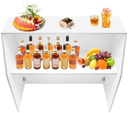 43''*48''*20'' Portable Event Bar, Folding Party Counter Mobile Drink Table 110lbs Load Capacity for Parties BBQs Catering and Outdoor Events(White with Aluminum Edge)