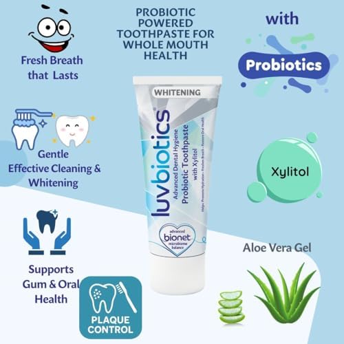 Luv Biotics Probiotic Whitening Toothpaste with Xylitol & Aloe Vera Fresh Breath, Cavity Protection, Microbiome Support & Healthy Gums – No Sulphates or Parabens-75ml