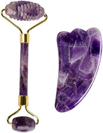 Natural Amethyst Jade Roller Gouache Scraper for Face Gua Sha Massage Tool Set SPA Scraping Stone Facial Lift Up,Type 3