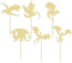 24Pcs Dragon Cupcake Toppers Glitter Fantasy Cool Dinosaur Birthday Cupcake Picks for Medieval Dragon Theme Baby Shower Kids Birthday Party Cake Decorations Supplies Gold