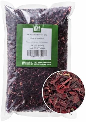 Organic Hibiscus Flower Cut & Sifted, by Herb Co, Hibiscus Sabdariffa, from Germany & Egypt, Kosher, for Hot or Cold Beverages, Tea, Jams, Baked Goods, Soups, Skin & Hair Products, 1 lb
