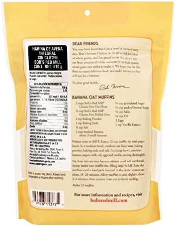 Bob's Red Mill Gluten Free Oat Flour, 18 oz (Pack of 1) - Gluten Free, Whole Grain, Vegan, Kosher
