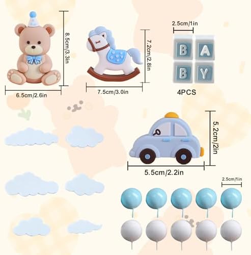 Blue Bear Cake Decoration Teddy Bear Blue White Balls Cake Topper Baby Shower Birthday Cake Decoration for Birthday Party Decorations