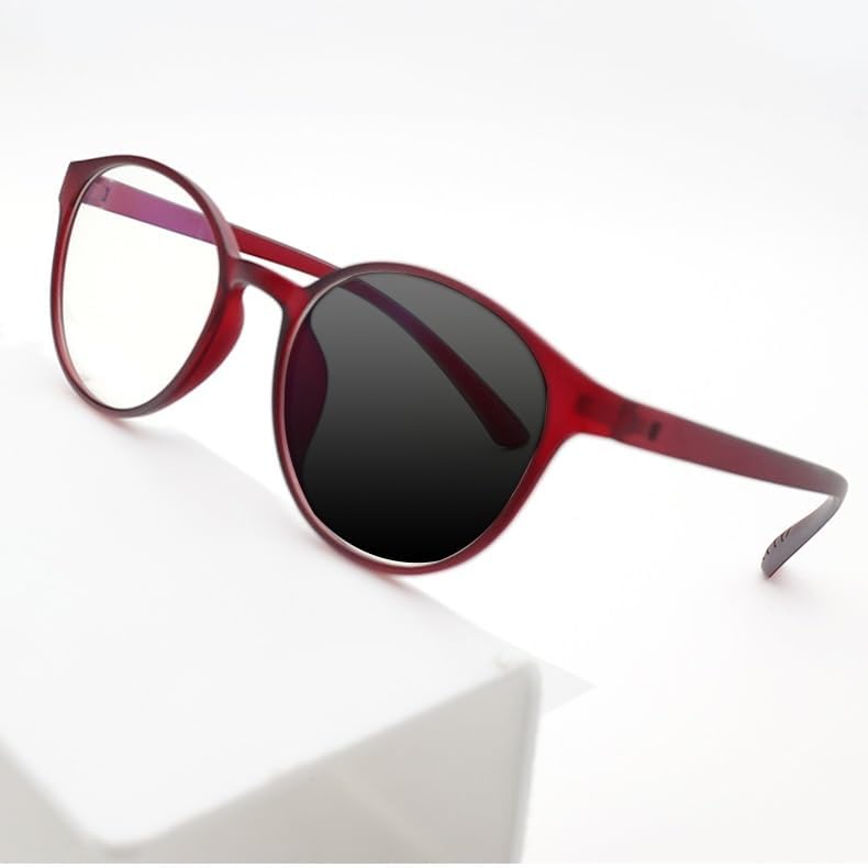 Oval Frame Reading Glasses Photochromic MultiFocus Sunglasses, Red Progressive Presbyopia Readers, Anti Blue Light