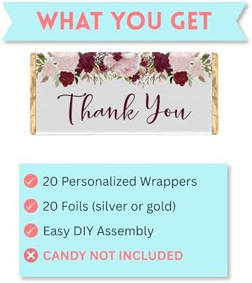 Floral Wedding Party Favors, Personalzied Candy Wrappers, DIY Kit, Pack of 20 Custom Chocolate Bar Labels