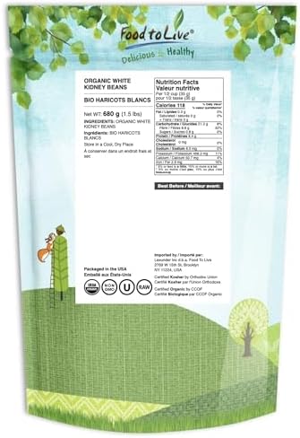 Food to Live Organic White Kidney Beans, 1.5 Pounds Whole Raw Dried Beans, Vegan, Kosher, Bulk. Rich in Dietary Fiber and Protein. Perfect for Soups, Stews, Chili, Paste, Salads and Side Dishes