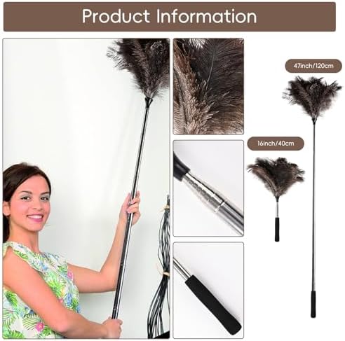 THARAHT Extendable Ostrich Feather Duster up to 16-47 inches Fluffy Feathers Long Handle Reusable for Cleaning Ceiling Fan Pendant lamp High Ceiling Blinds Furniture Feather Duster