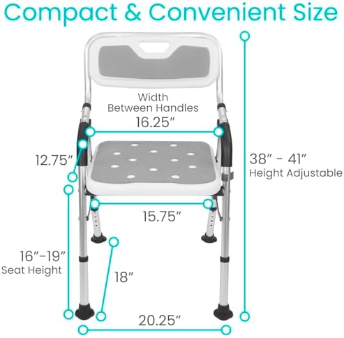 Vive Shower Chair for Elderly and Disabled - Folding Seat with Arms and Back - Foldable Bathroom Chairs for Sitting, Inside Shower - Portable for Travel - Fold Down, Collapsible, Compact & Comfortable