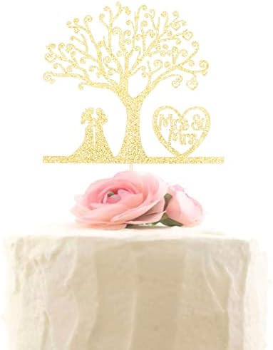 Mrs & Mrs Cake Topper - Romantic Lesbian Wedding Party Decor - LGBT Marriage Union, Love is Love, Gold Glitter