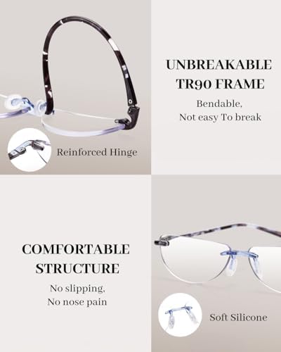 LUFF 3 Pack Rimless Half Moon Reading Glasses TR90 Flexible Lightweight Readers Women Men Blue Light Computer Eyeglasses
