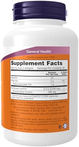 NOW Foods Supplements, Sunflower Lecithin 1200 mg with Phosphatidyl Choline, 100 Softgels