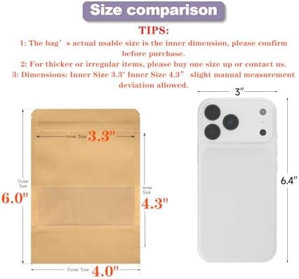 50 Pcs 4x6 Inch Kraft Paper Bags with Transparent Window, Stand Up Pouches,Smell Proof Bags,Resealable Bags for Small Business, Zipper Food Storage,for Packaging Snacks Cookies Candy