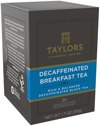 Taylors of Harrogate Decaffeinated Breakfast, Black Tea, Individually Wrapped Bags, 20 Count (Pack of 1), Rich, Bright & Balanced, Decaffeinated, Enjoy Hot or Iced, 20 Teabags